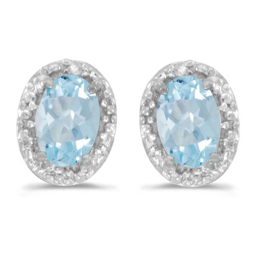 14k White Gold .58 ct Oval Aquamarine Earrings with Diamonds