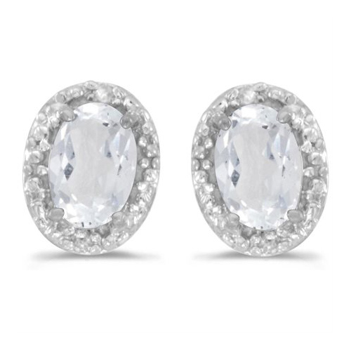 14k White Gold .96 ct Oval White Topaz Earrings with Diamonds