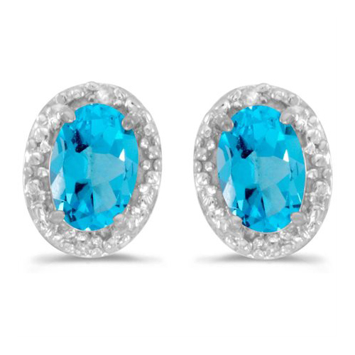 14k White Gold .80 ct Oval Blue Topaz Earrings with Diamonds