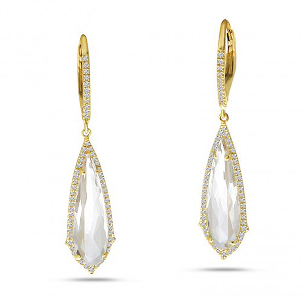 14k Yellow Gold Long White Topaz and Diamond Dangle Earrings