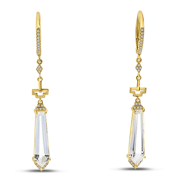 14k Yellow Gold Art Deco Style White Topaz and Diamond Dangle Earrings