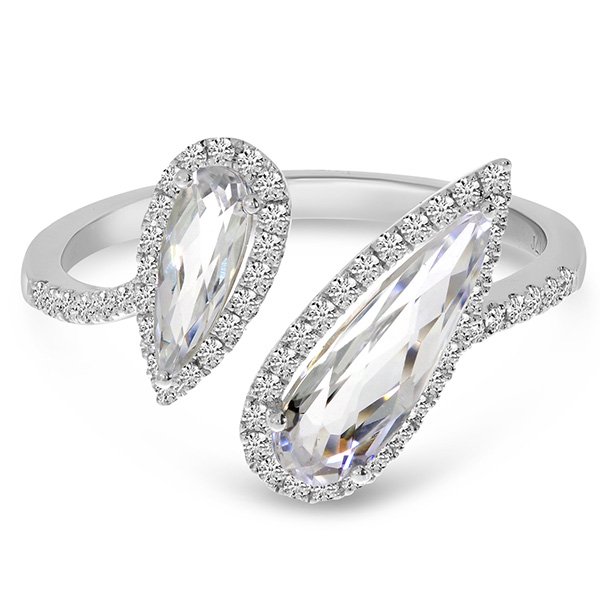14k White Gold Offset Duo Pear White Topaz and Diamond Ring