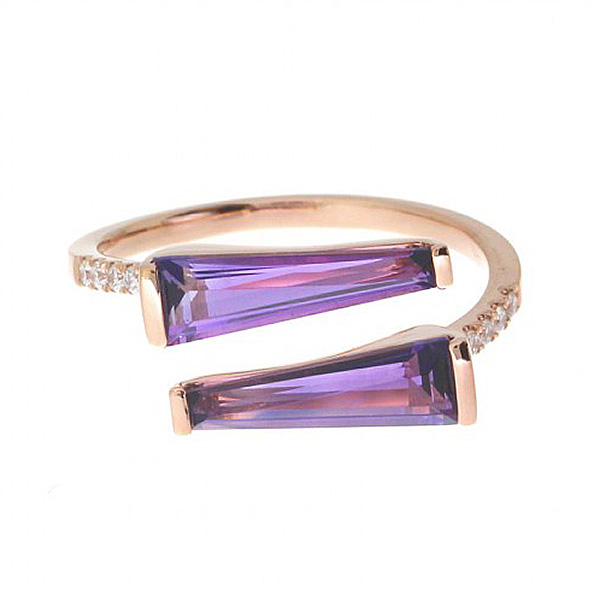 14k Rose Gold Duo Trillion Amethyst and Diamond Ring