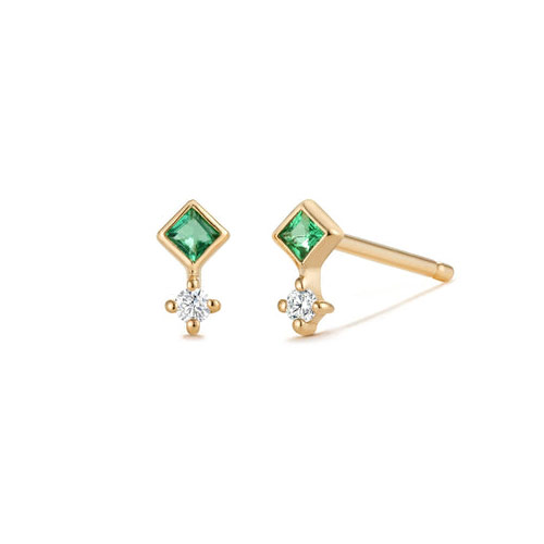 Aurelie Gi EMMIE 14k Yellow Gold Emerald and Diamond Stud Earrings