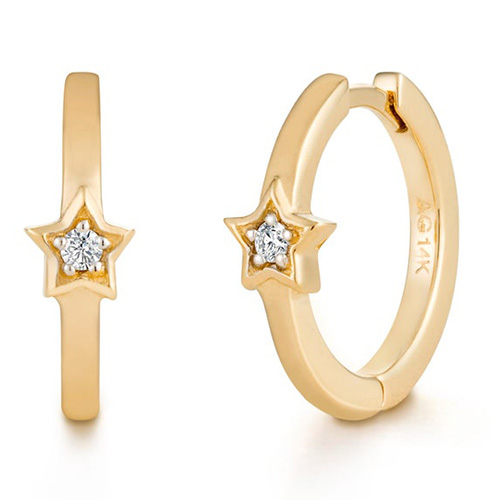Aurelie Gi SIMONE 14k Yellow Gold Diamond Star Huggie Hoop Earrings