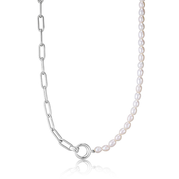 Ania Haie Sterling Silver Freshwater Pearl and Long Cable Link Chain Necklace