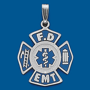 13/16in Sterling Silver Fire Department EMT Logo Pendant