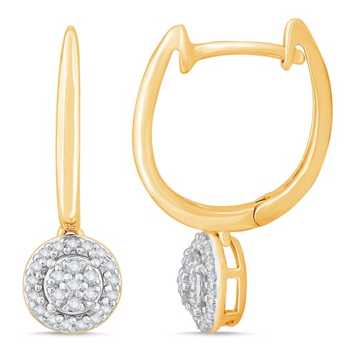 14k Yellow Gold 1/4 ct tw Diamond Cluster Huggie Hoop Dangle Earrings