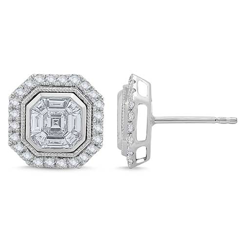 14k White Gold 1 ct tw Diamond Mosaic Asscher Earrings