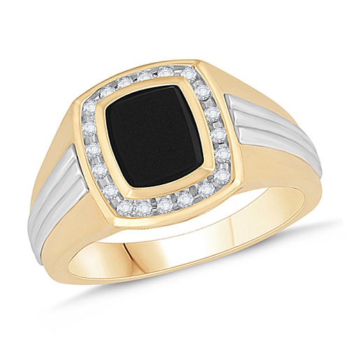 14k Two-tone Gold Men's Black Onyx Ring with 1/5 ct tw Diamonds