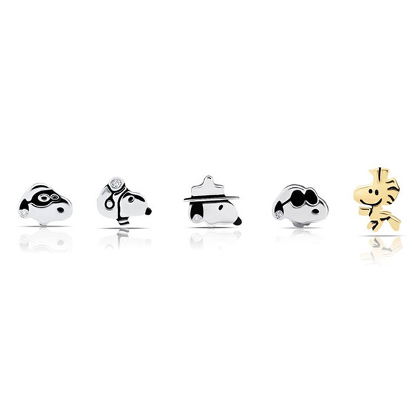 Sterling Silver Snoopy and Woodstock Five Piece Earrings Set