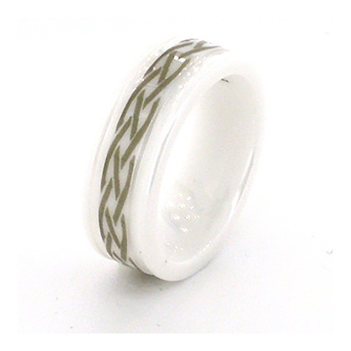 White Ceramic 7mm Ring with Braid Design and Rounded Edges