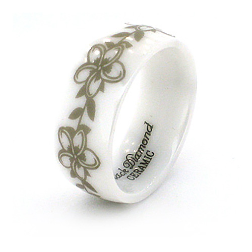 8mm Domed White Ceramic Ring with Flower Design