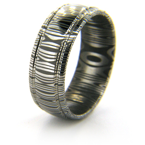 8mm Domed Damascus Steel Ring with Side Channels