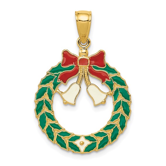 14k Yellow Gold 3/4in Enamel Christmas Wreath with Bow Pendant