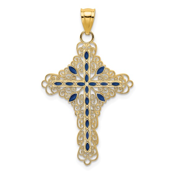 14k Yellow Gold 1 1/2in Fancy Filigree Cross with Blue Enamel