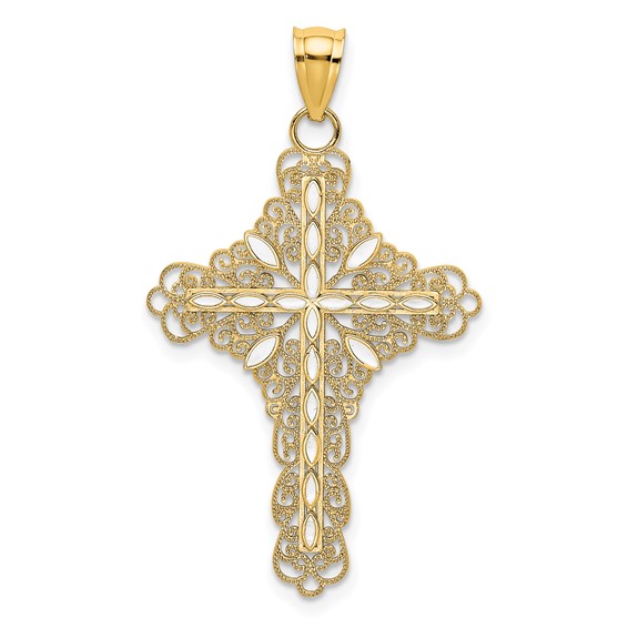 14k Yellow Gold 1 1/2in Fancy Filigree Cross with White Enamel