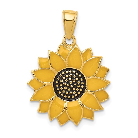14k Yellow Gold 3/4in Sunflower Pendant with Enamel
