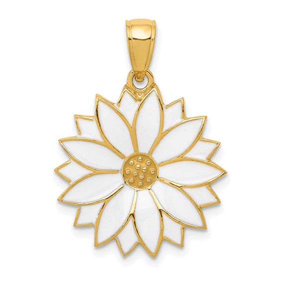 14k Yellow Gold 3/4in White Enamel Daisy Pendant