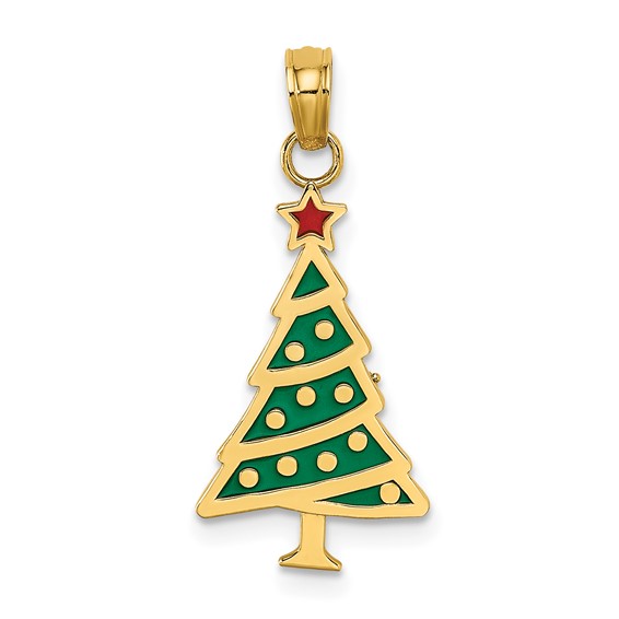 14k Yellow Gold 3/4in Enamel Christmas Tree Pendant