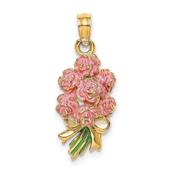 14k Yellow Gold 3/4in Enamel Pink Roses Bouquet Pendant