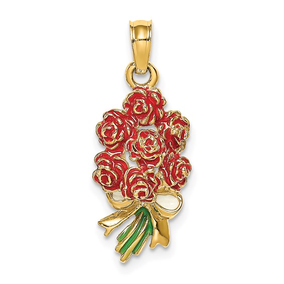 14k Yellow Gold 3/4in Enamel Red Roses Bouquet Pendant