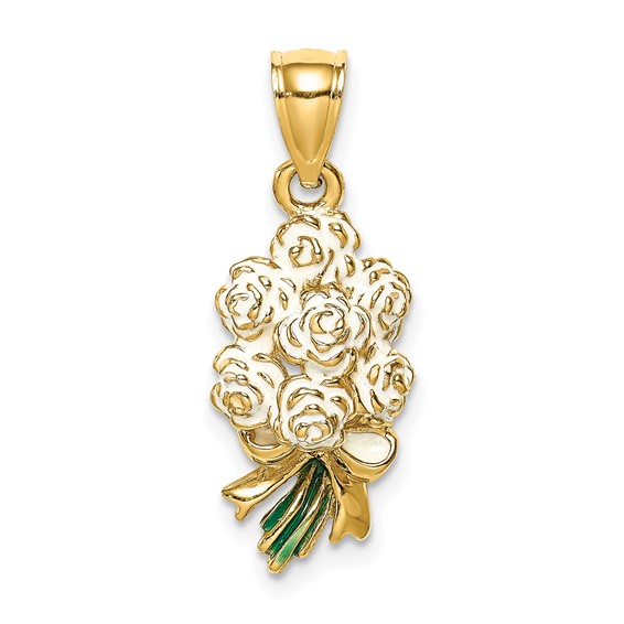 14k Yellow Gold 3/4in Enamel White Roses Bouquet Pendant