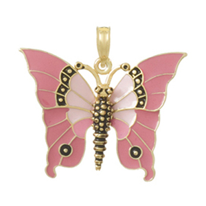 14kt Yellow Gold 25mm Pink Enamel Butterfly Pendant 