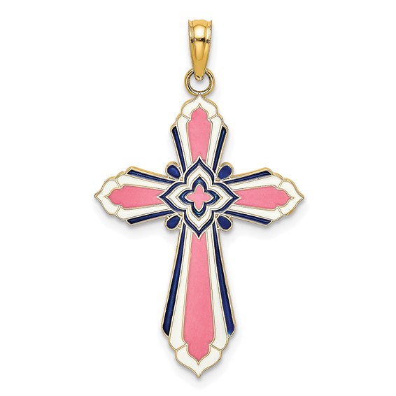 14kt Yellow Gold 1in Cross with Pink and Blue Enamel