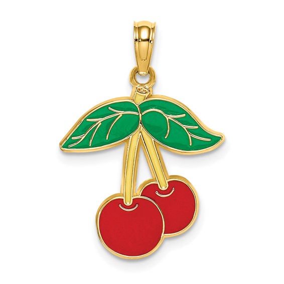 14k Yellow Gold 3/4in Cherries Enamel Pendant