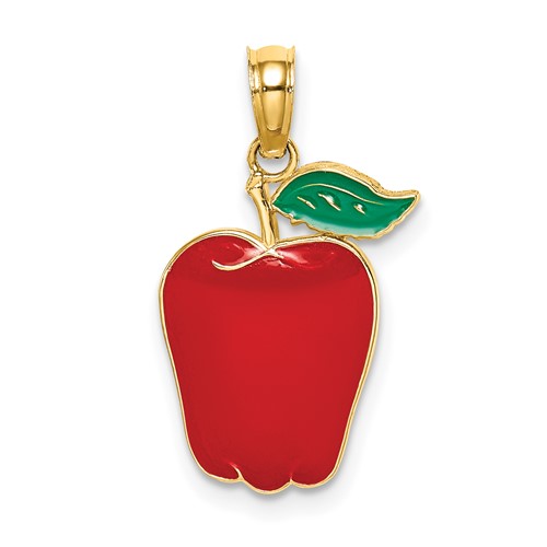 14k Yellow Gold 5/8in Red Apple Enamel Pendant