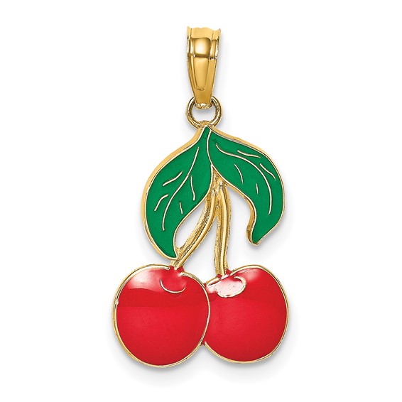 14k Yellow Gold 1in Cherries with Stem Enamel Pendant
