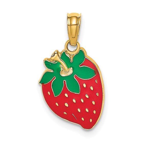 14k Yellow Gold 3/4in Strawberry Pendant with Enamel