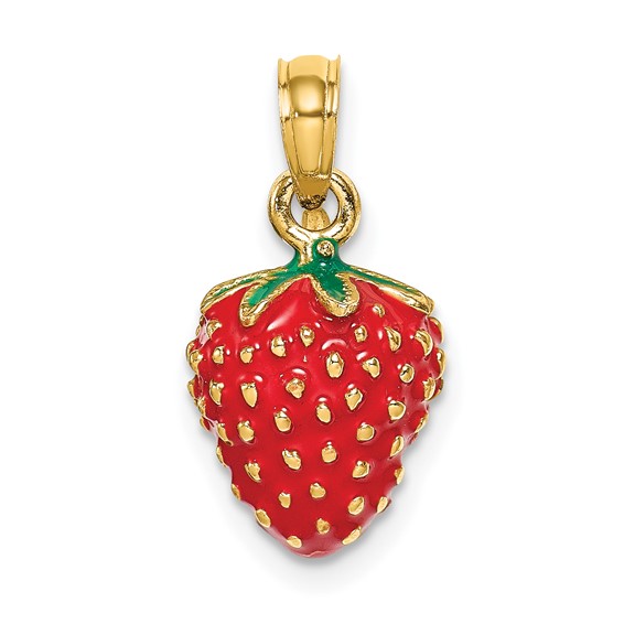 14k Yellow Gold 5/8in 3-D Strawberry Pendant with Enamel