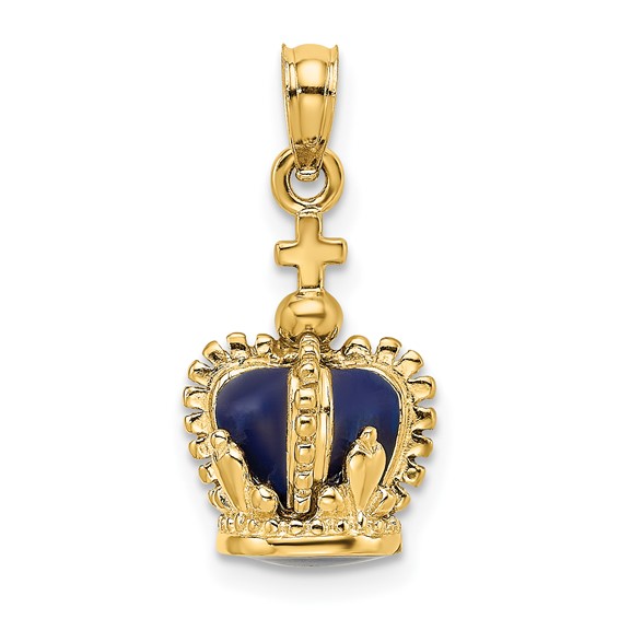 14kt Yellow Gold Enamel Blue Crown Pendant with Cross on Top