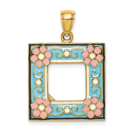 14k Yellow Gold Aqua Picture Frame Pendant with Flowers 3/4in