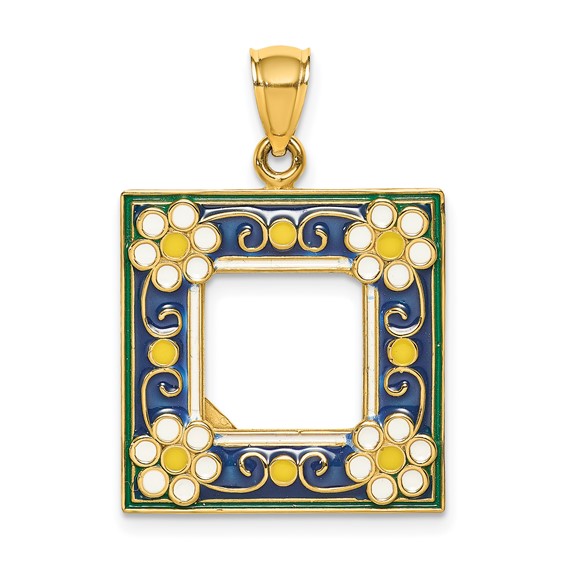 14k Yellow Gold 3/4in Blue Square Picture Frame Pendant with Flowers