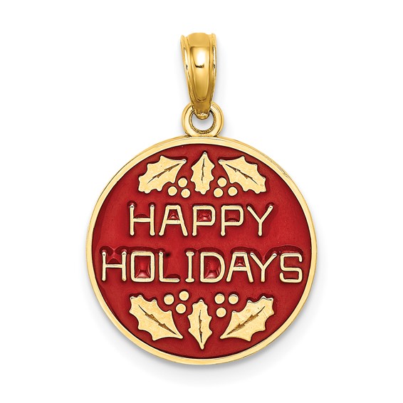 14k Yellow Gold 5/8in Happy Holidays Red Enamel Pendant