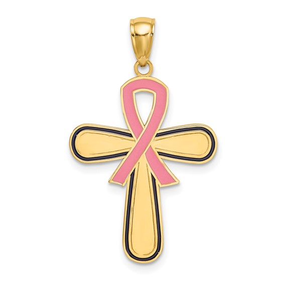 14k Yellow Gold Breast Cancer Awareness Cross Pendant