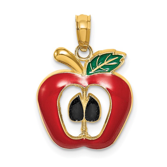 14k Yellow Gold 5/8in Red Apple Core Enamel Pendant