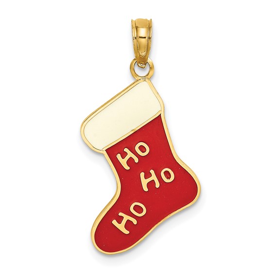14k Yellow Gold 7/8in Ho Ho Ho Stocking Enamel Pendant