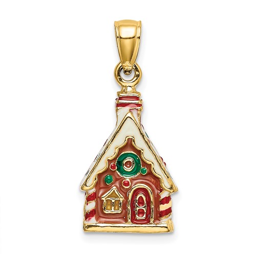 14k Yellow Gold 3/4in Gingerbread House Pendant with Enamel