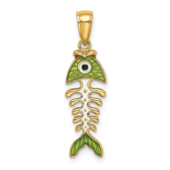 14kt Yellow Gold 7/8in Fishbone Pendant with Green Enamel