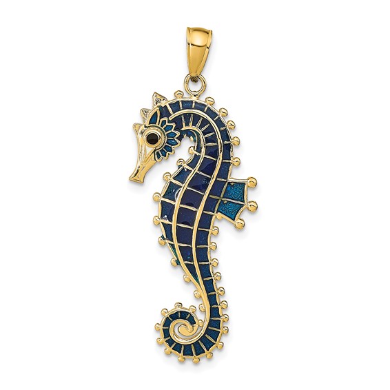14k Yellow Gold 3-D Seahorse Pendant with Blue Enamel