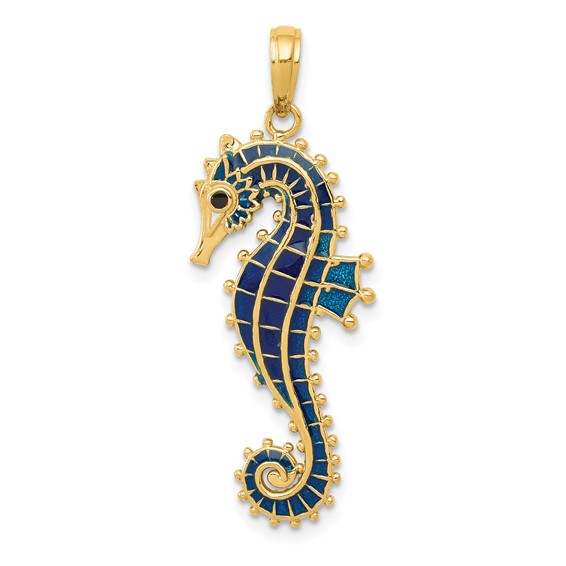 14kt Yellow Gold Seahorse Pendant with Blue Enamel 1in
