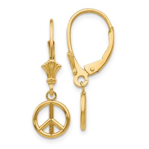14K Solid Gold Peace Sign Dangle Earrings