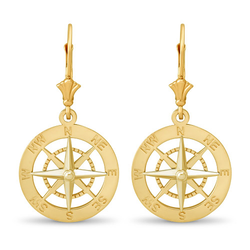 14k Yellow Gold Leverback Compass Earrings