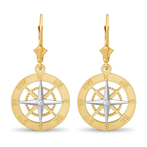 14k Two-tone Gold Leverback Compass Earrings