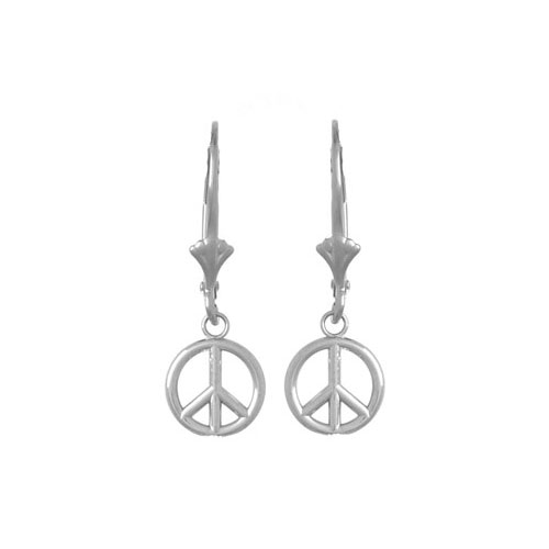 14k White Gold Peace Sign Leverback Earrings