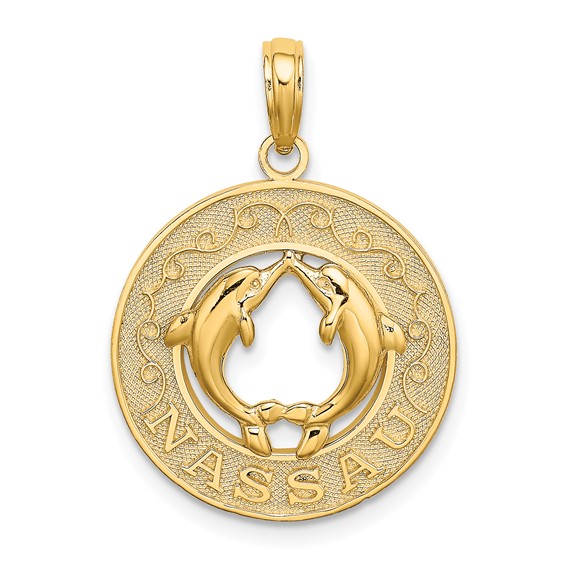 14kt Yellow Gold 3/4in Nassau Pendant with Dolphins